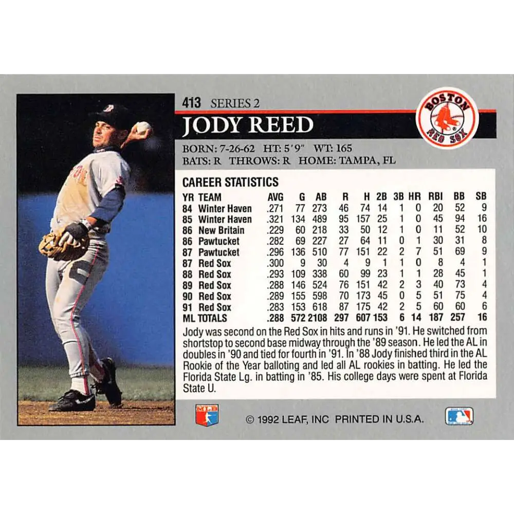 1992 Leaf #413 Jody Reed NM-MT Boston Red Sox Baseball Card Image 2