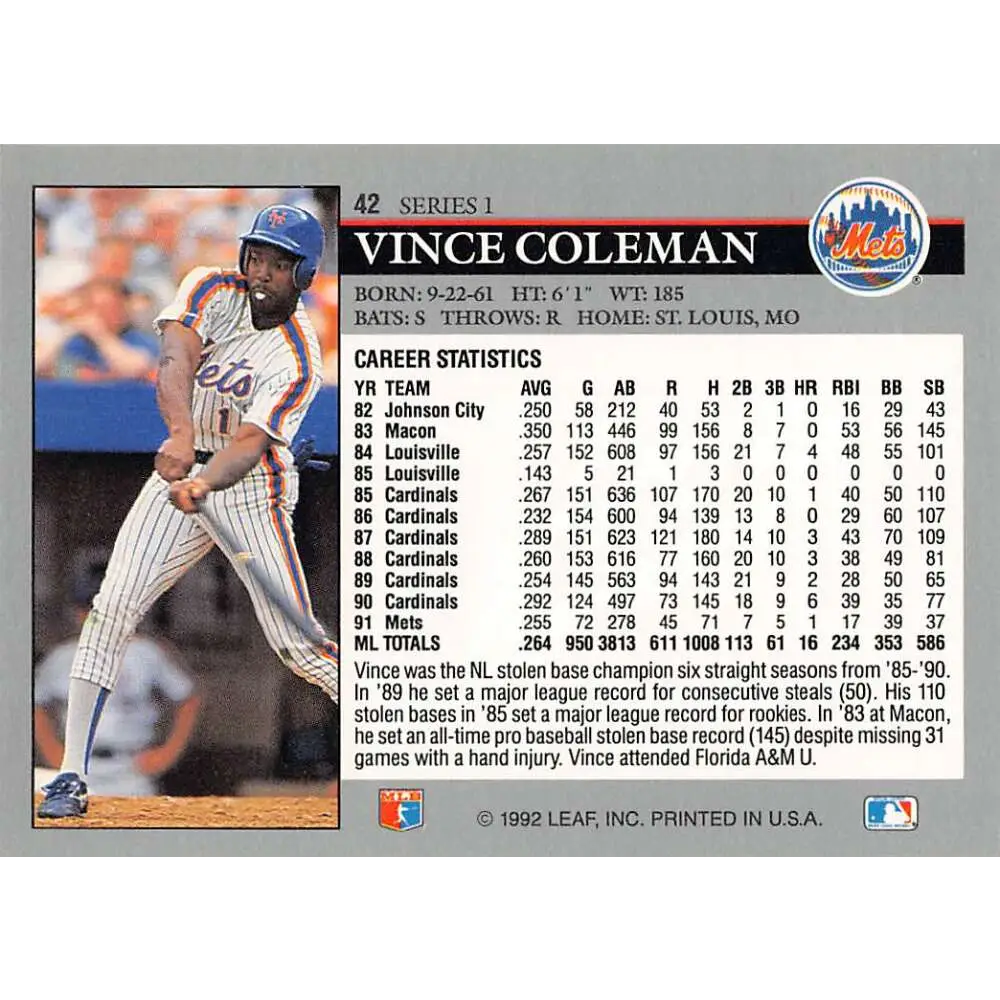 1992 Leaf #42 Vince Coleman NM-MT New York Mets Baseball Card Image 2