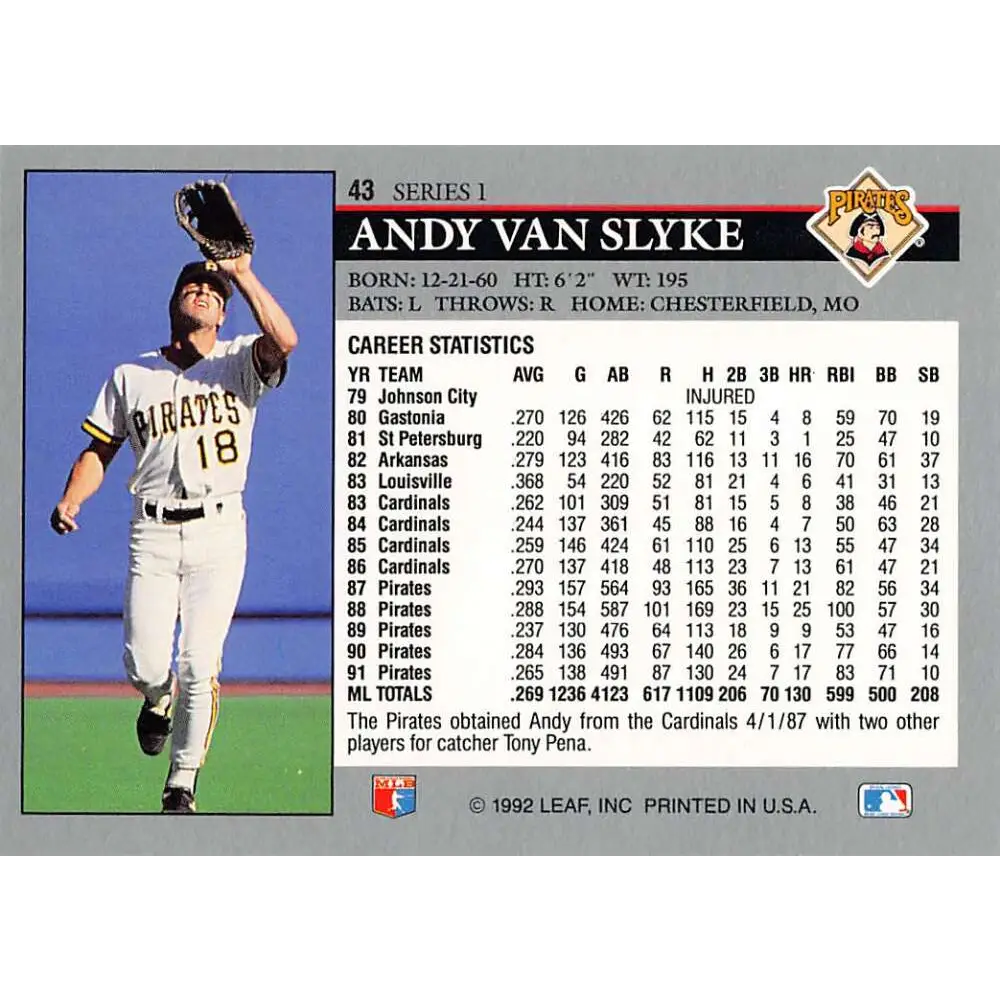 1992 Leaf #43 Andy Van Slyke NM-MT Pittsburgh Pirates Baseball Card Image 2
