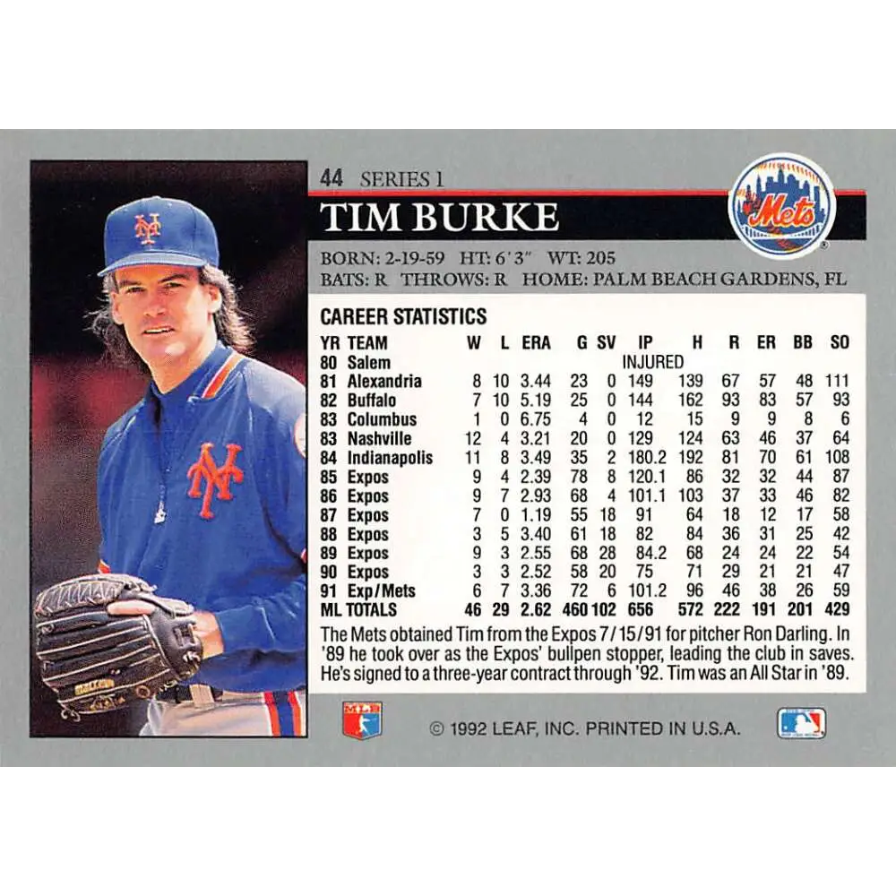 1992 Leaf #44 Tim Burke NM-MT New York Mets Baseball Card Image 2