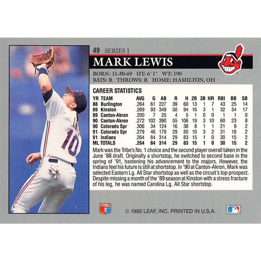 1992 Leaf #49 Mark Lewis NM-MT Cleveland Indians Baseball Card Image 2
