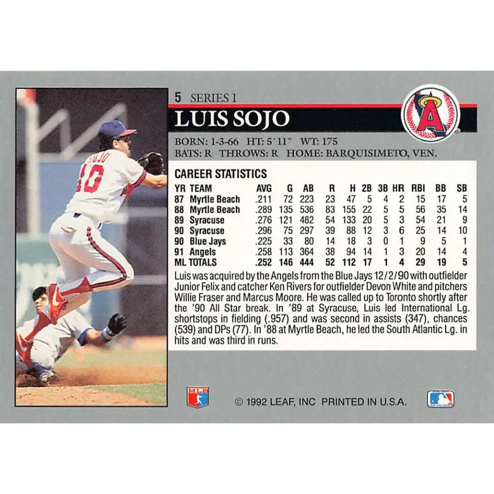 1992 Leaf #5 Luis Sojo NM-MT California Angels Baseball Card Image 2