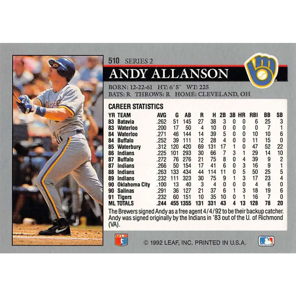 1992 Leaf #510 Andy Allanson NM-MT Milwaukee Brewers Baseball Card Image 2