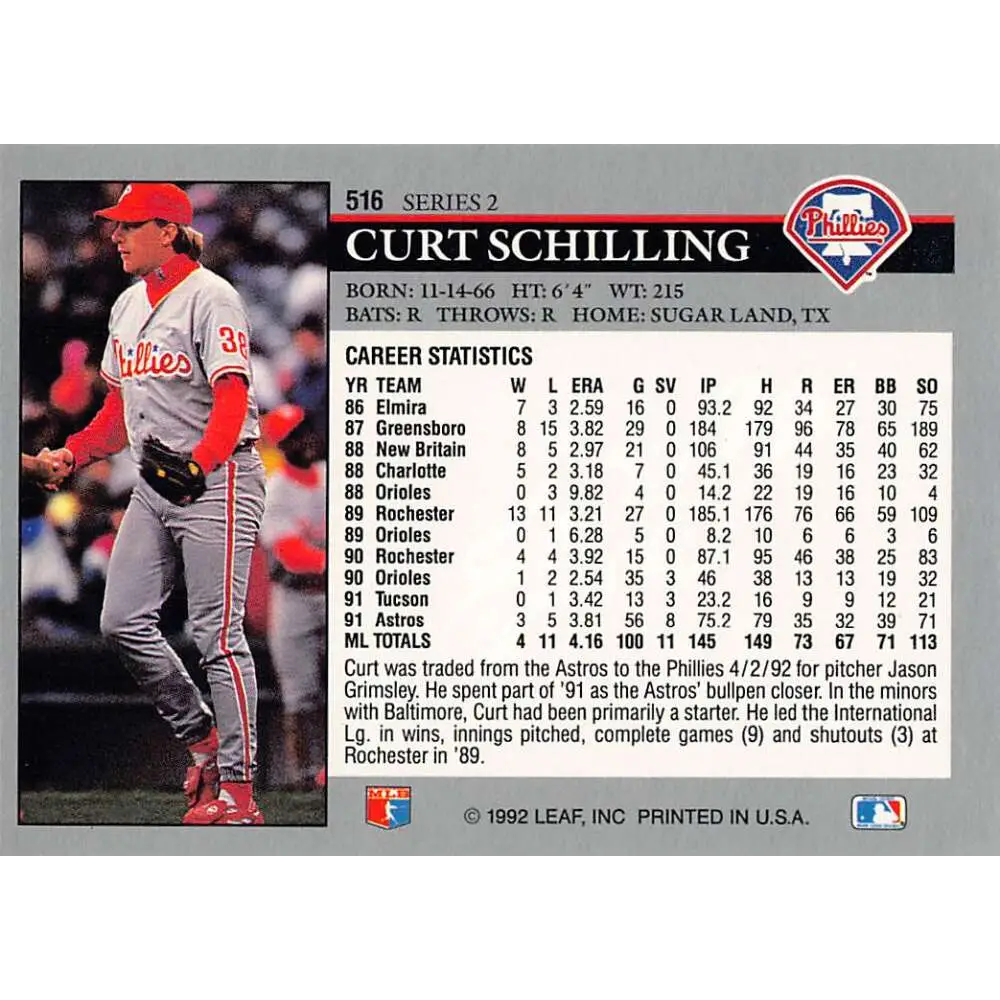 1992 Leaf #516 Curt Schilling NM-MT Philadelphia Phillies Baseball Card Image 2