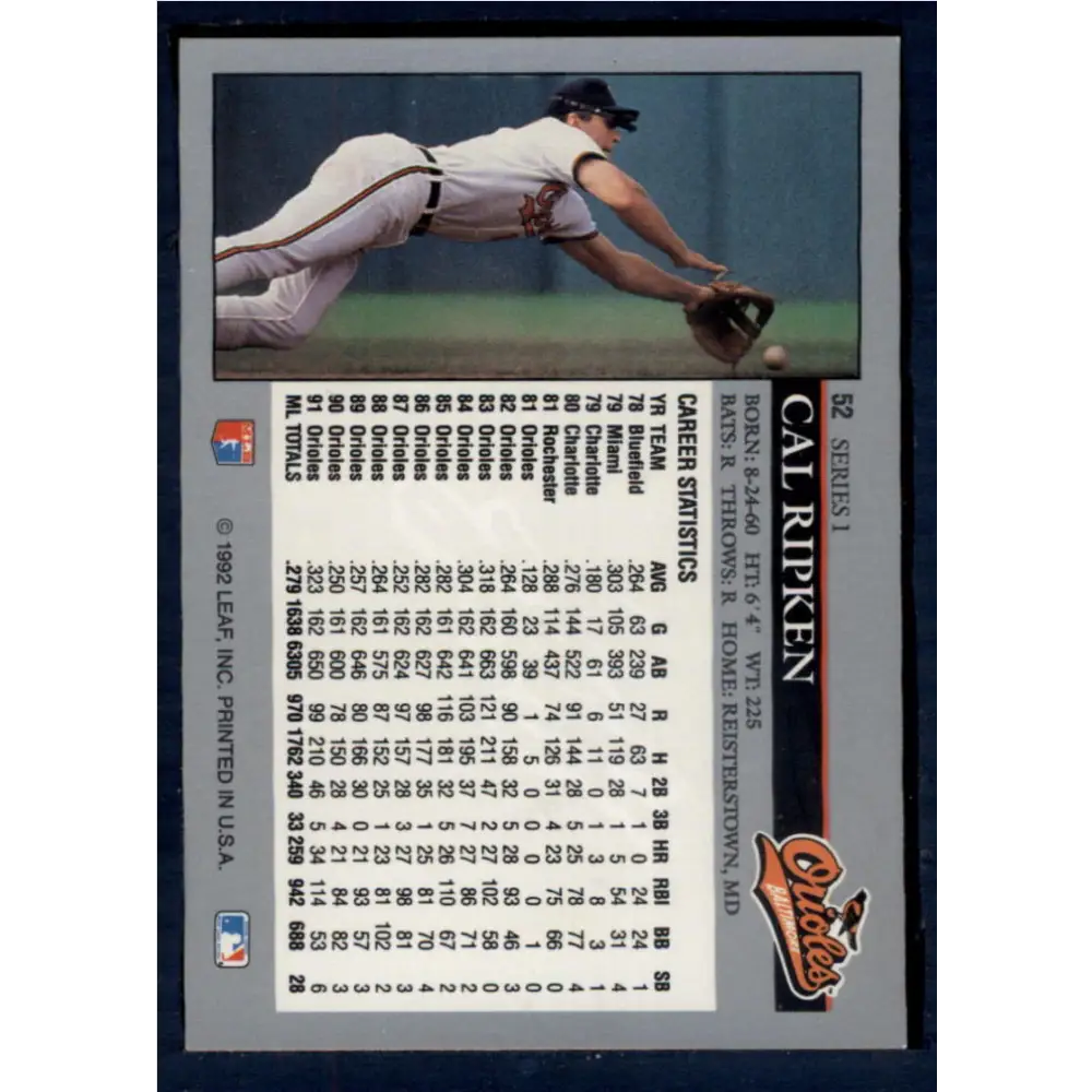 1992 Leaf #52 Cal Ripken Jr. NM-MT Baltimore Orioles Baseball Card Image 2