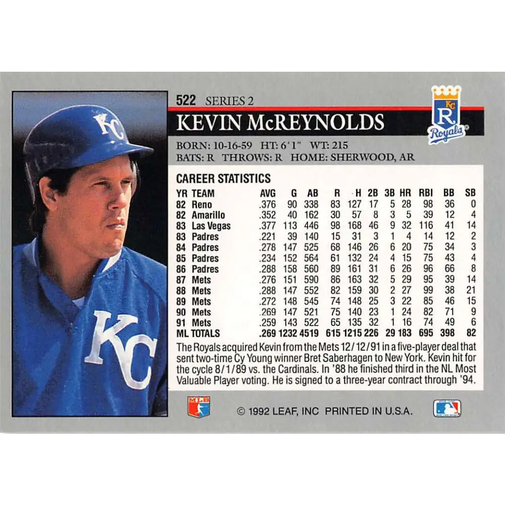 1992 Leaf #522 Kevin McReynolds NM-MT Kansas City Royals Baseball Card Image 2