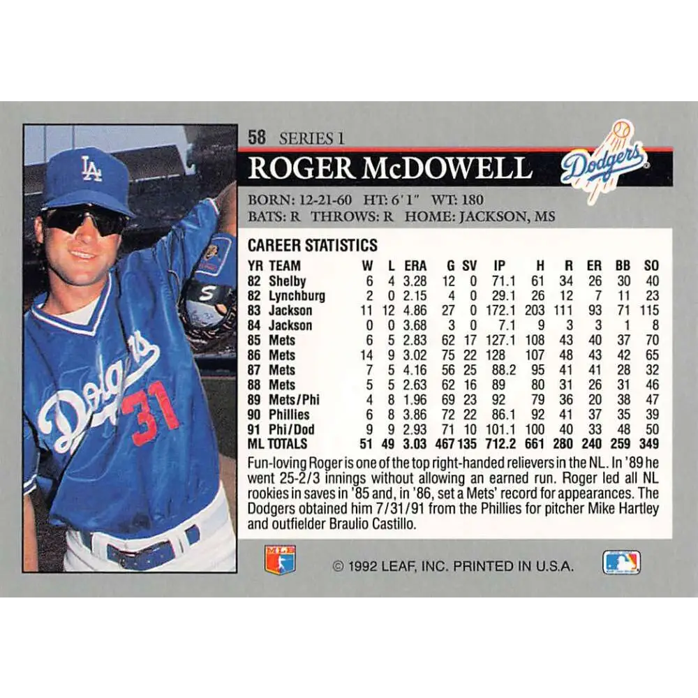 1992 Leaf #58 Roger McDowell NM-MT Los Angeles Dodgers Baseball Card Image 2