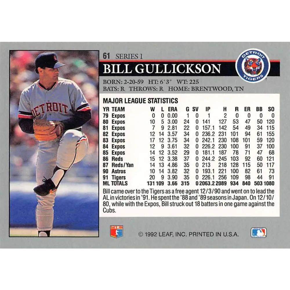 1992 Leaf #61 Bill Gullickson NM-MT Detroit Tigers Baseball Card Image 2