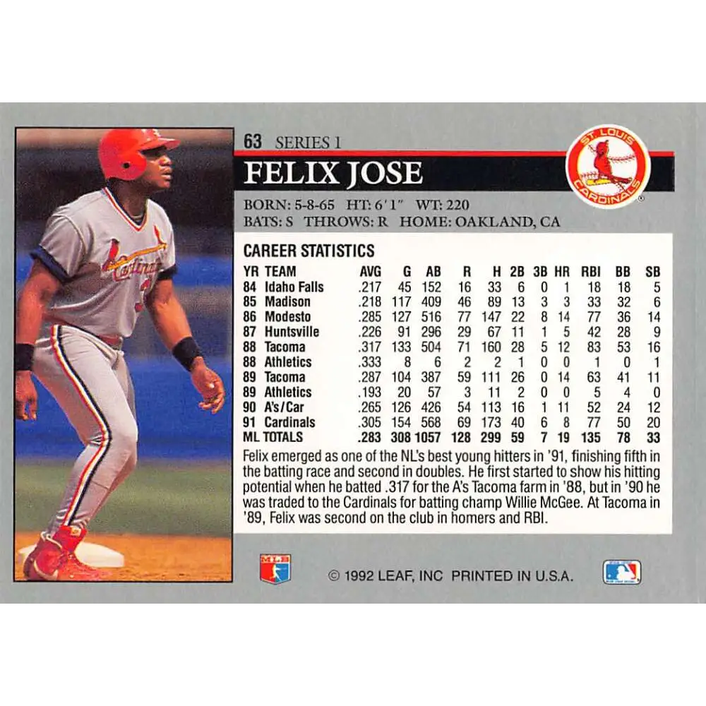 1992 Leaf #63 Felix Jose NM-MT St. Louis Cardinals Baseball Card Image 2