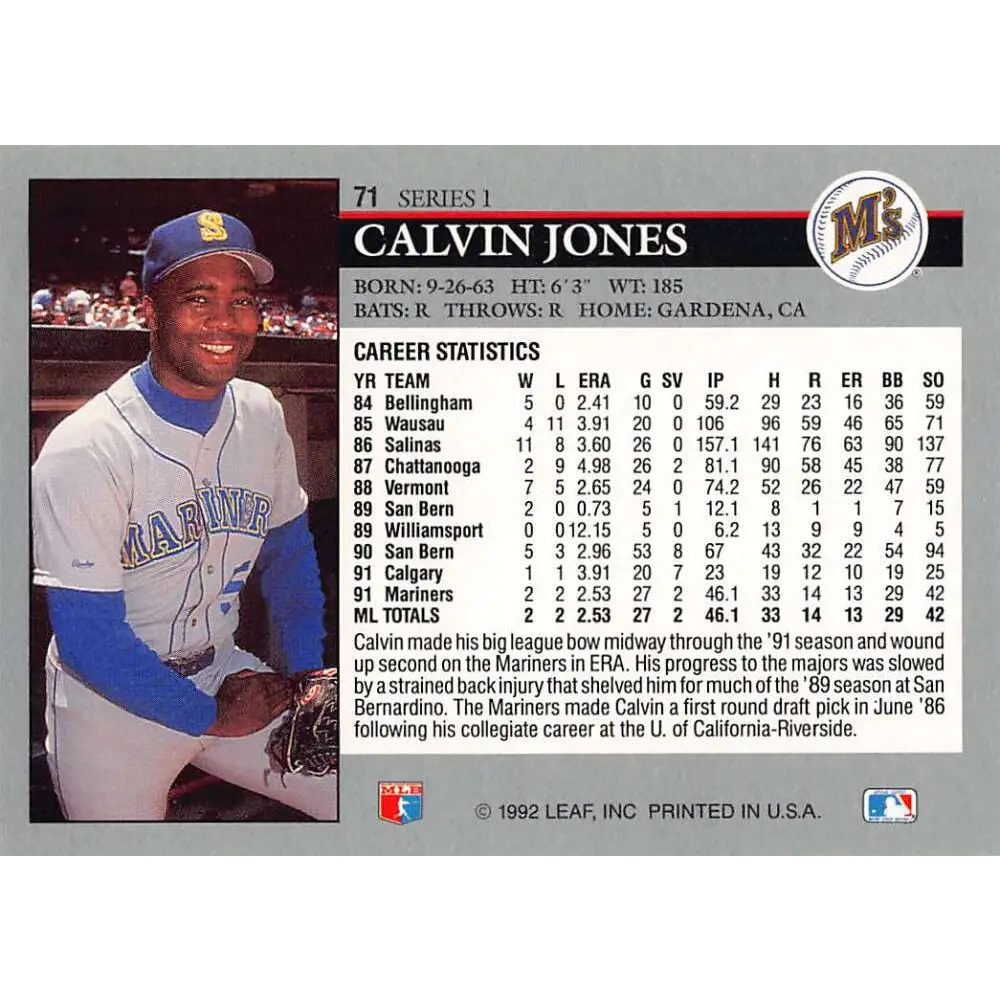1992 Leaf #71 Calvin Jones NM-MT RC Rookie Seattle Mariners Baseball Card Image 2