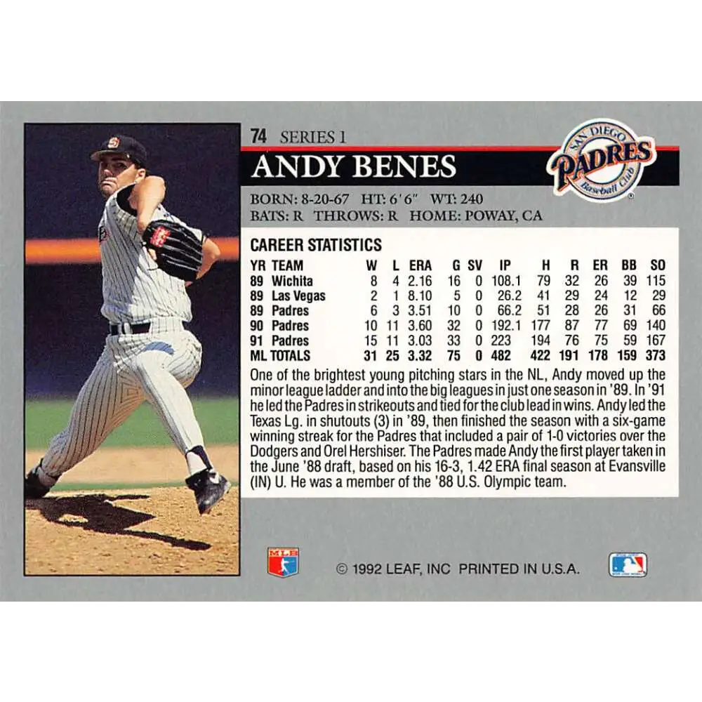1992 Leaf #74 Andy Benes NM-MT San Diego Padres Baseball Card Image 2