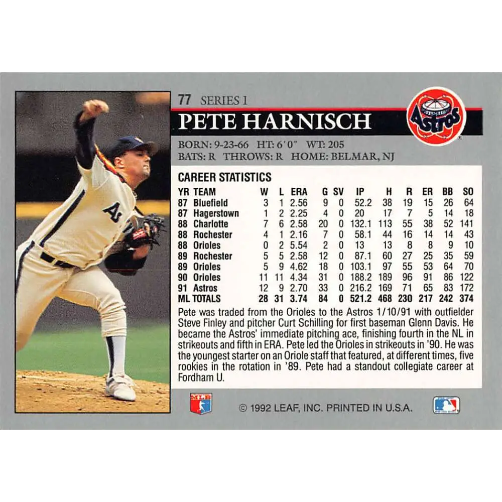 1992 Leaf #77 Pete Harnisch NM-MT Houston Astros Baseball Card Image 2