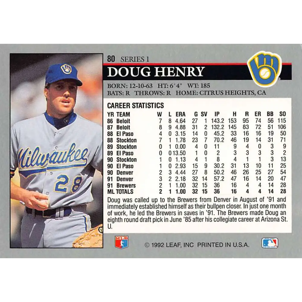 1992 Leaf #80 Doug Henry NM-MT RC Rookie Milwaukee Brewers Baseball Card Image 2