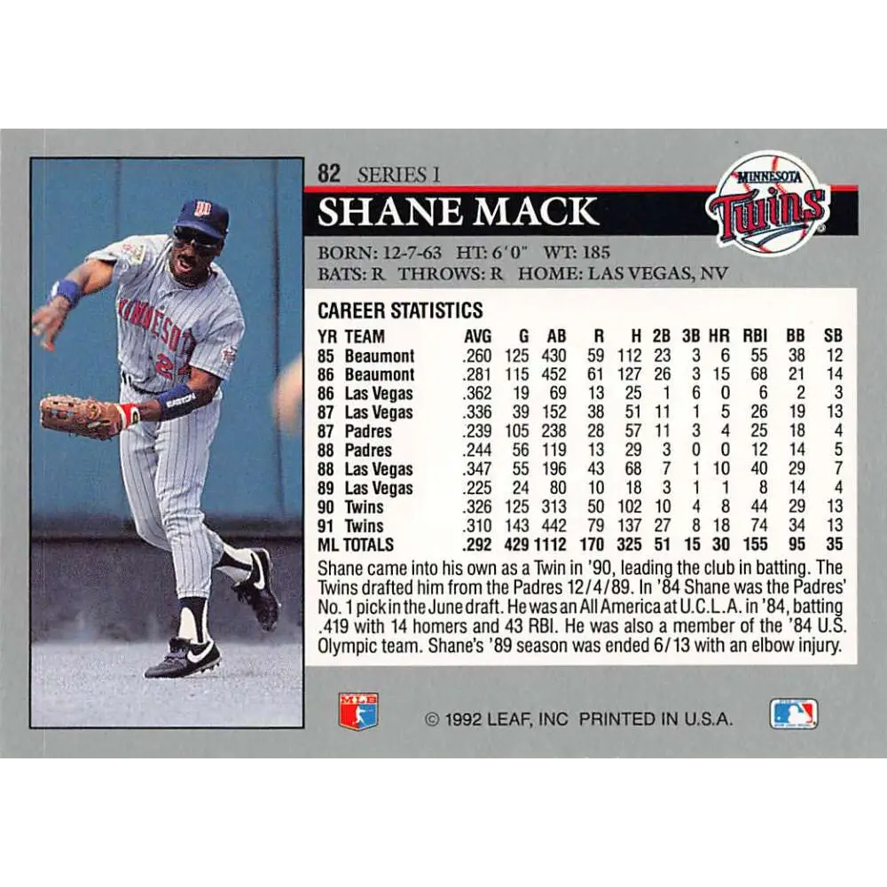 1992 Leaf #82 Shane Mack NM-MT Minnesota Twins Baseball Card Image 2