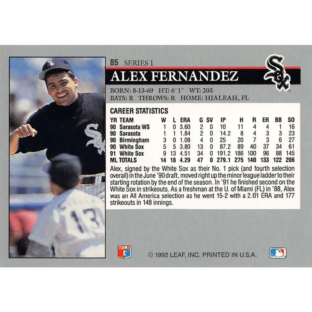 1992 Leaf #85 Alex Fernandez NM-MT Chicago White Sox Baseball Card Image 2