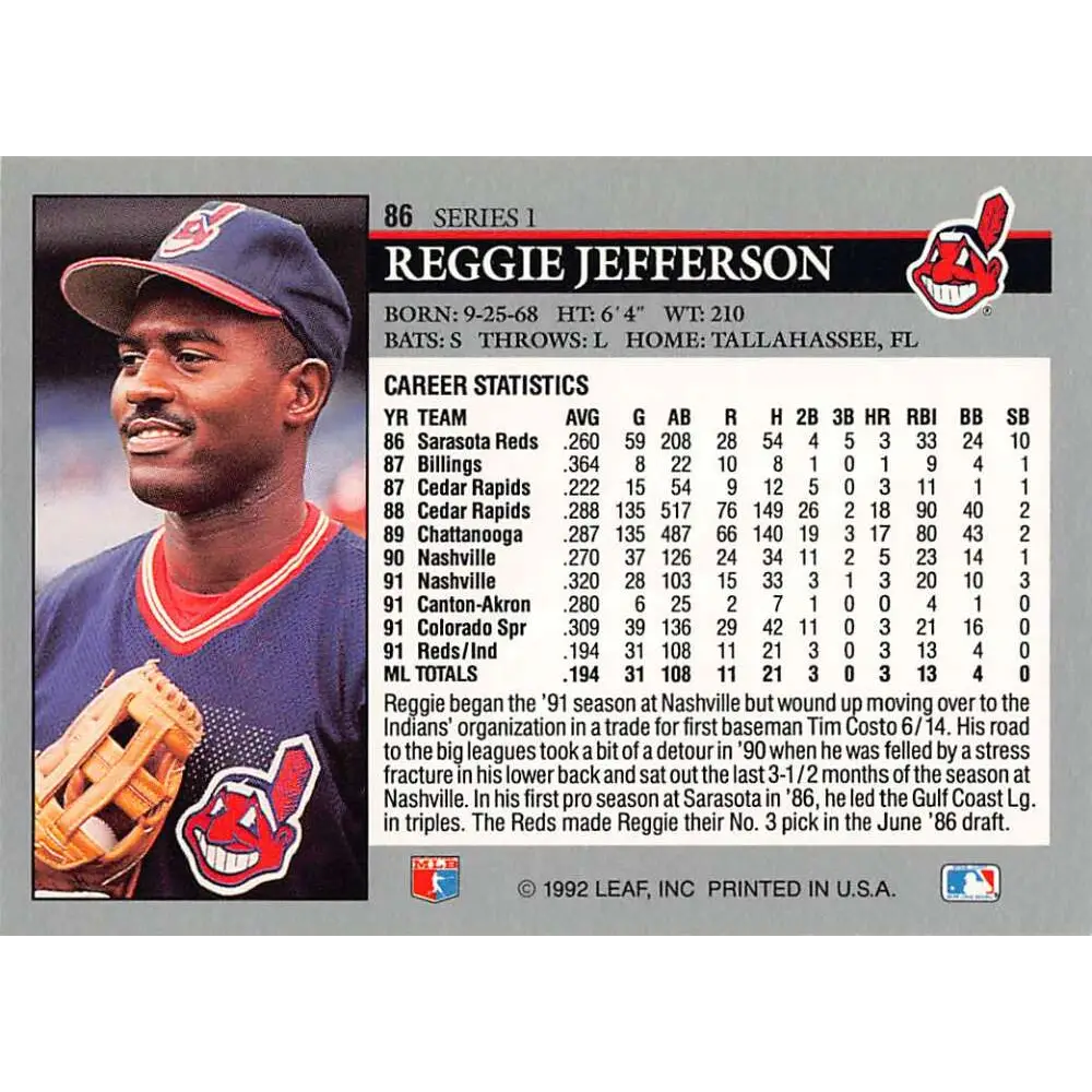 1992 Leaf #86 Reggie Jefferson NM-MT Cleveland Indians Baseball Card Image 2