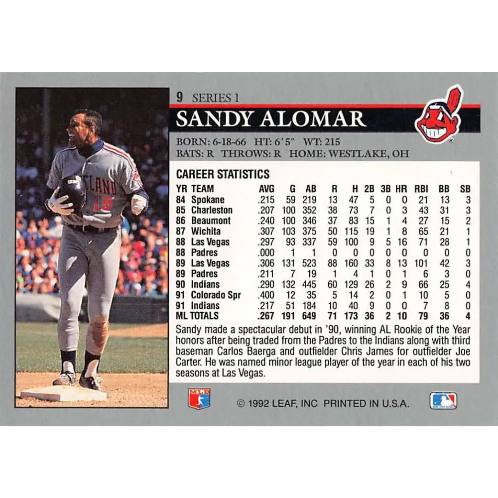 1992 Leaf #9 Sandy Alomar Jr. NM-MT Cleveland Indians Baseball Card Image 2