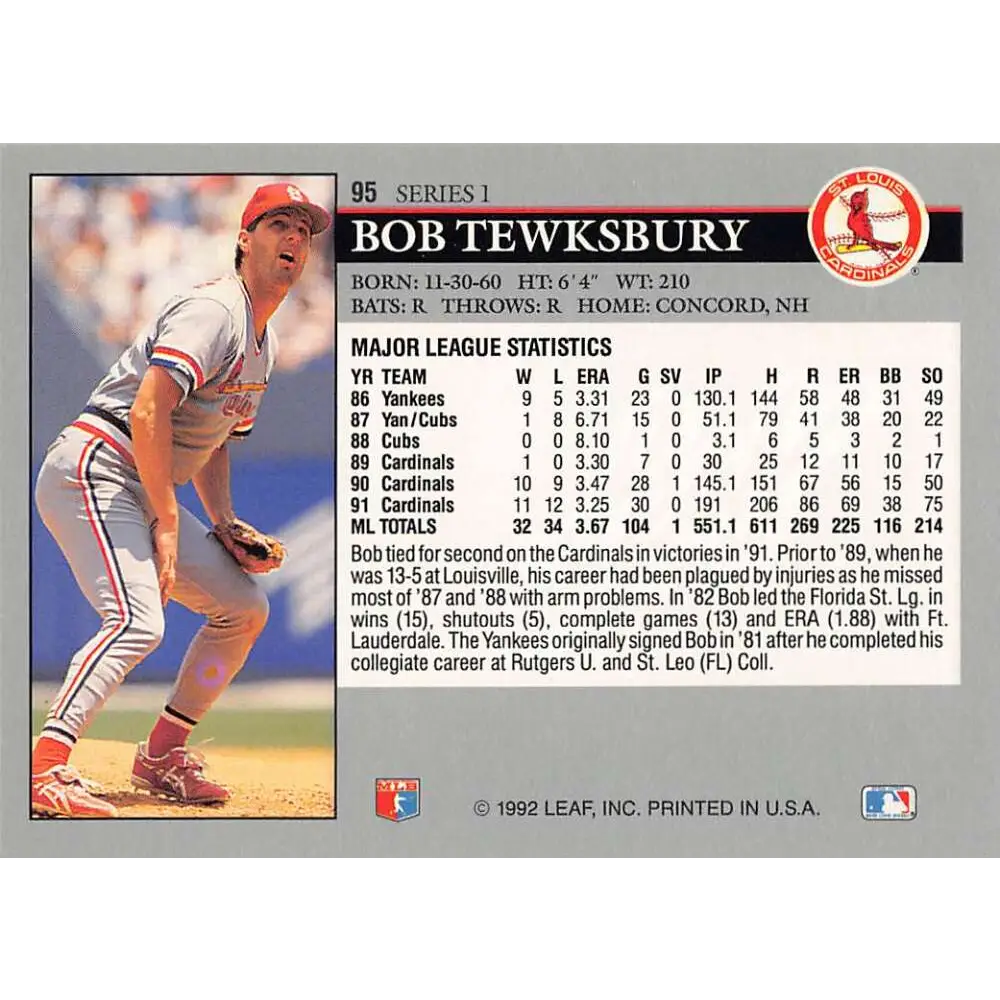 1992 Leaf #95 Bob Tewksbury NM-MT St. Louis Cardinals Baseball Card Image 2