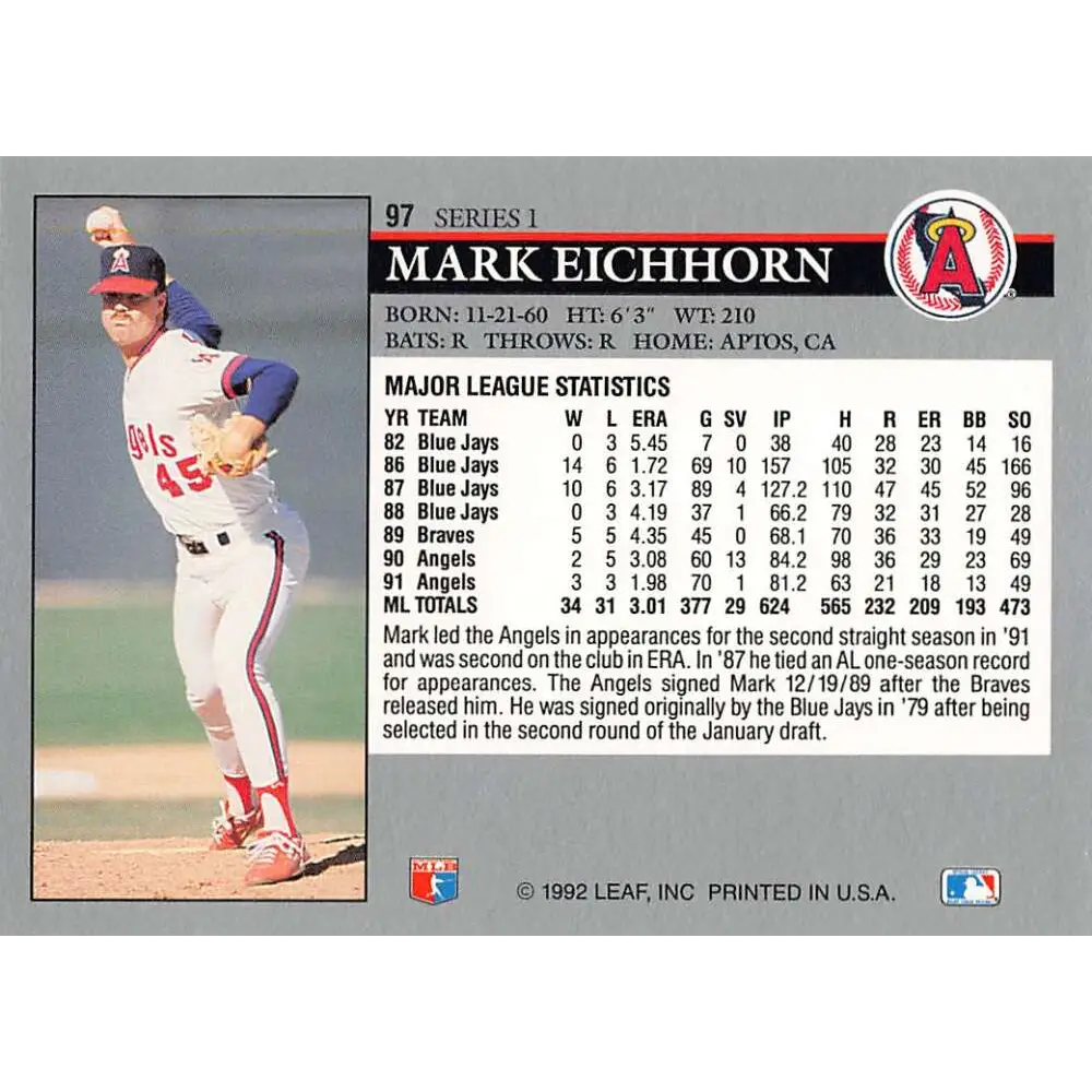 1992 Leaf #97 Mark Eichhorn NM-MT California Angels Baseball Card Image 2