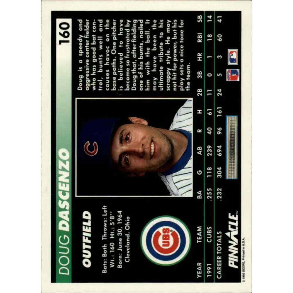 1992 Pinnacle #160 Doug Dascenzo EX Chicago Cubs Baseball Card Image 2
