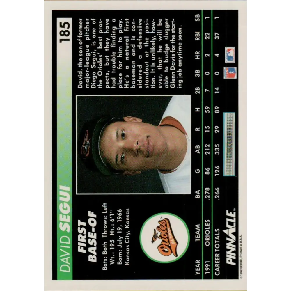 1992 Pinnacle #185 David Segui EX Baltimore Orioles Baseball Card Image 2