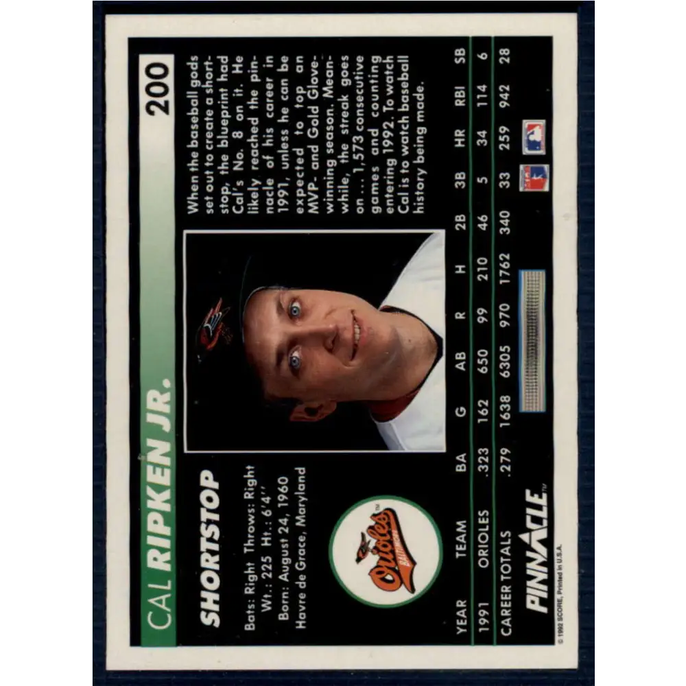 1992 Pinnacle #200 Cal Ripken Jr. EX Baltimore Orioles Baseball Card Image 2