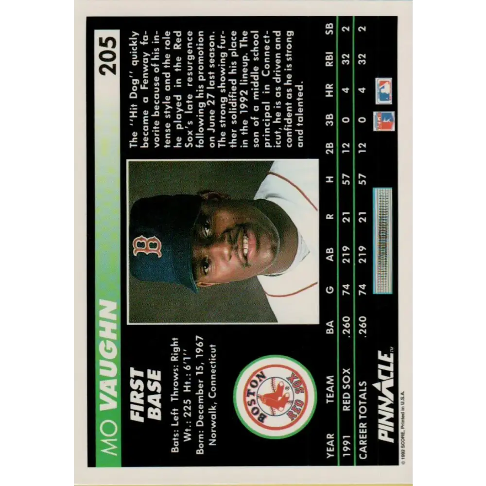 1992 Pinnacle #205 Mo Vaughn EX Boston Red Sox Baseball Card Image 2