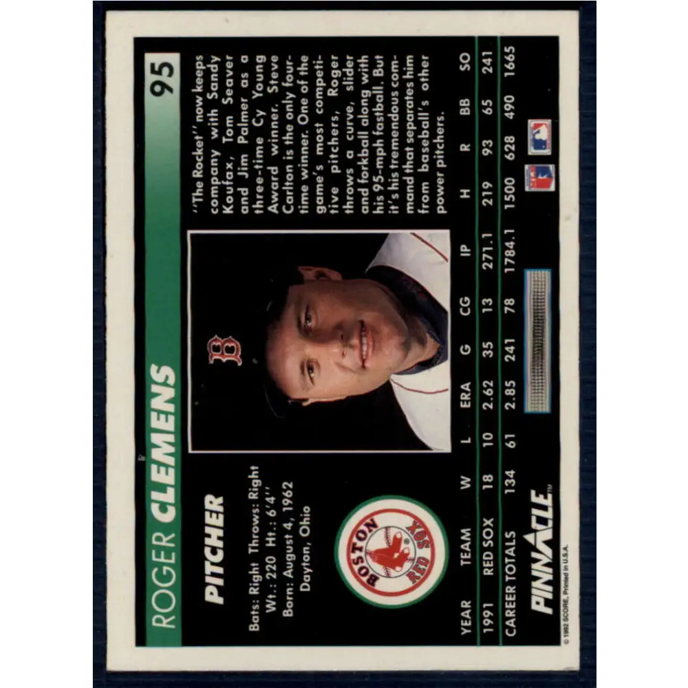 1992 Pinnacle #95 Roger Clemens EX Boston Red Sox Baseball Card Image 2
