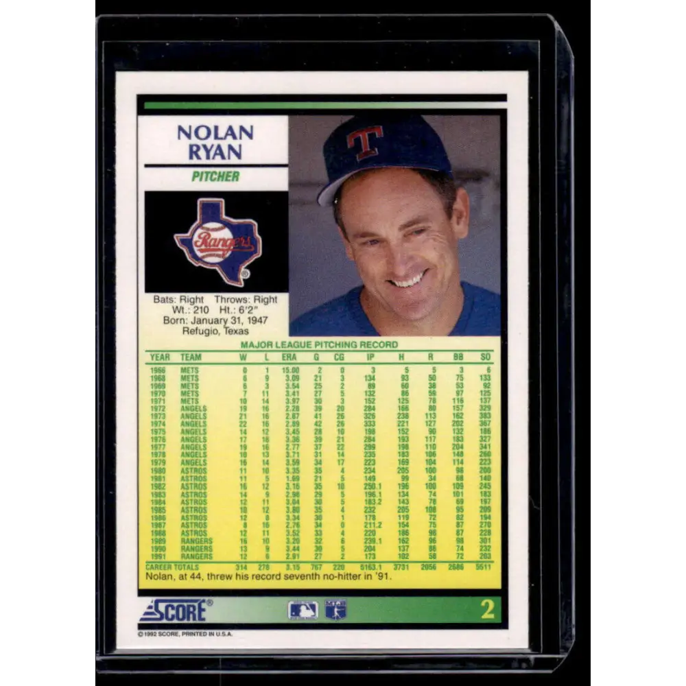 1992 Score #2 Nolan Ryan Texas Rangers NM-MT Baseball Card Image 2