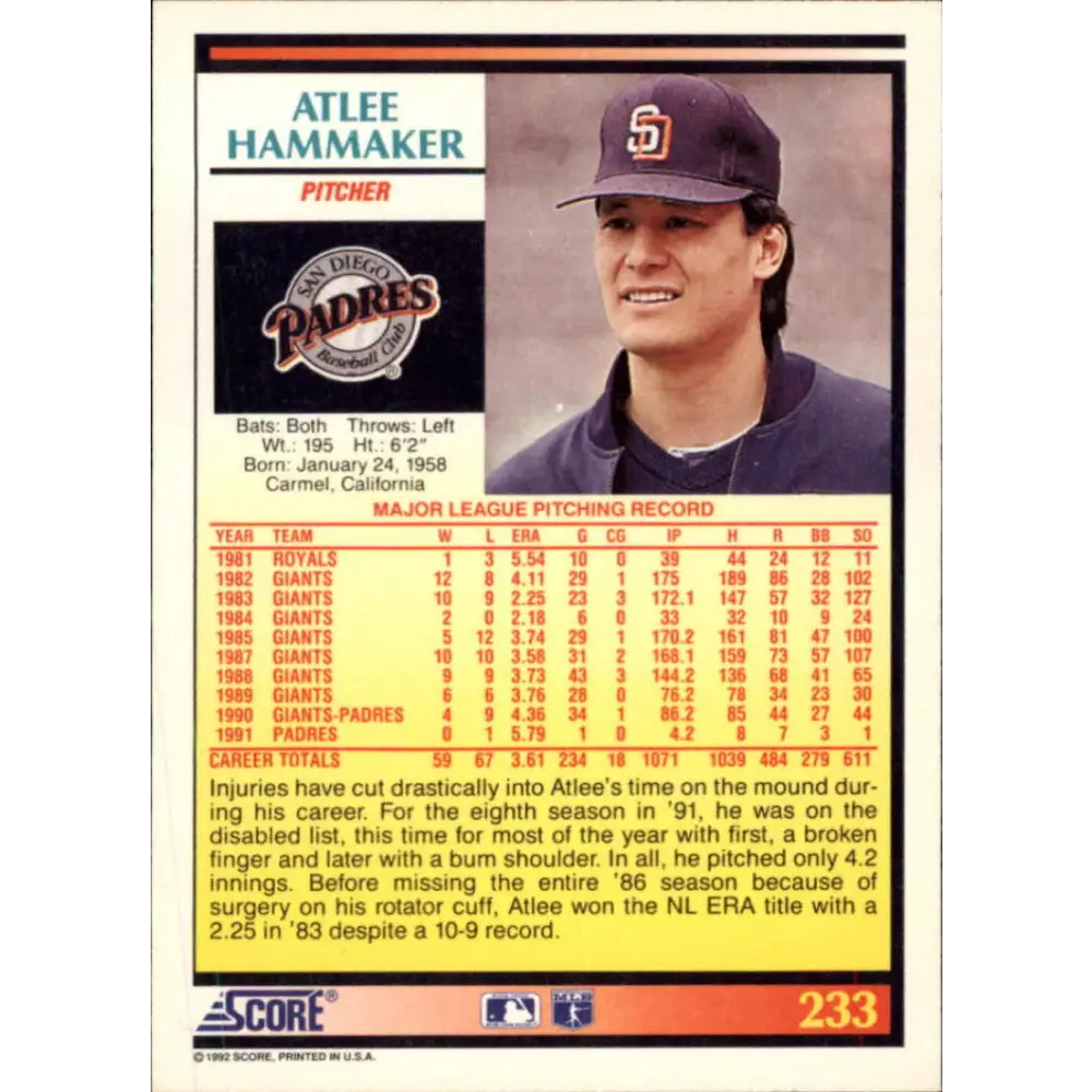 1992 Score #233 Atlee Hammaker NM-MT San Diego Padres Baseball Card Image 2