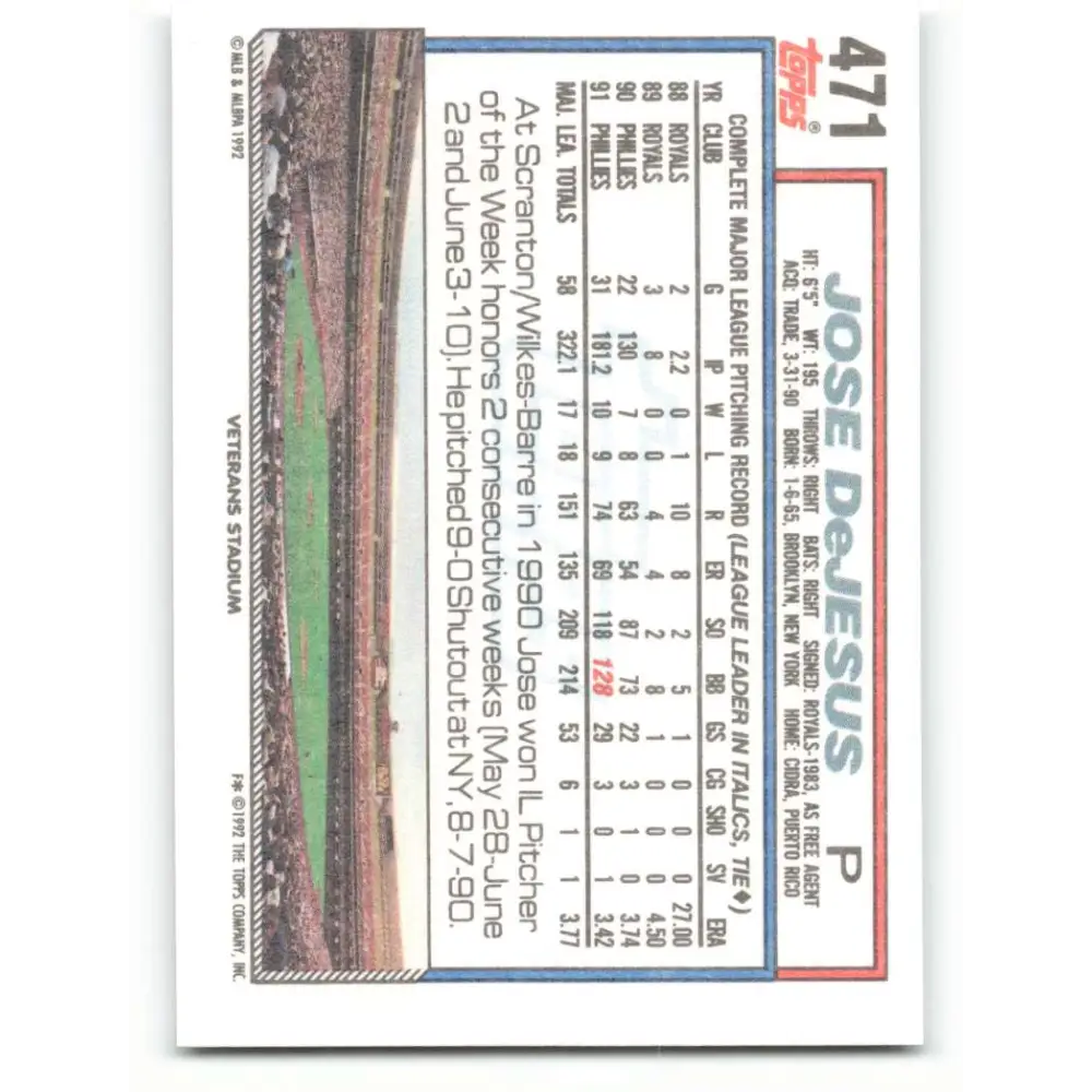 1992 Topps #471 Jose DeJesus NM-MT Philadelphia Phillies Baseball Card Image 2