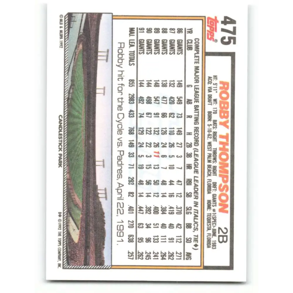 1992 Topps #475 Robby Thompson NM-MT San Francisco Giants Baseball Card Image 2