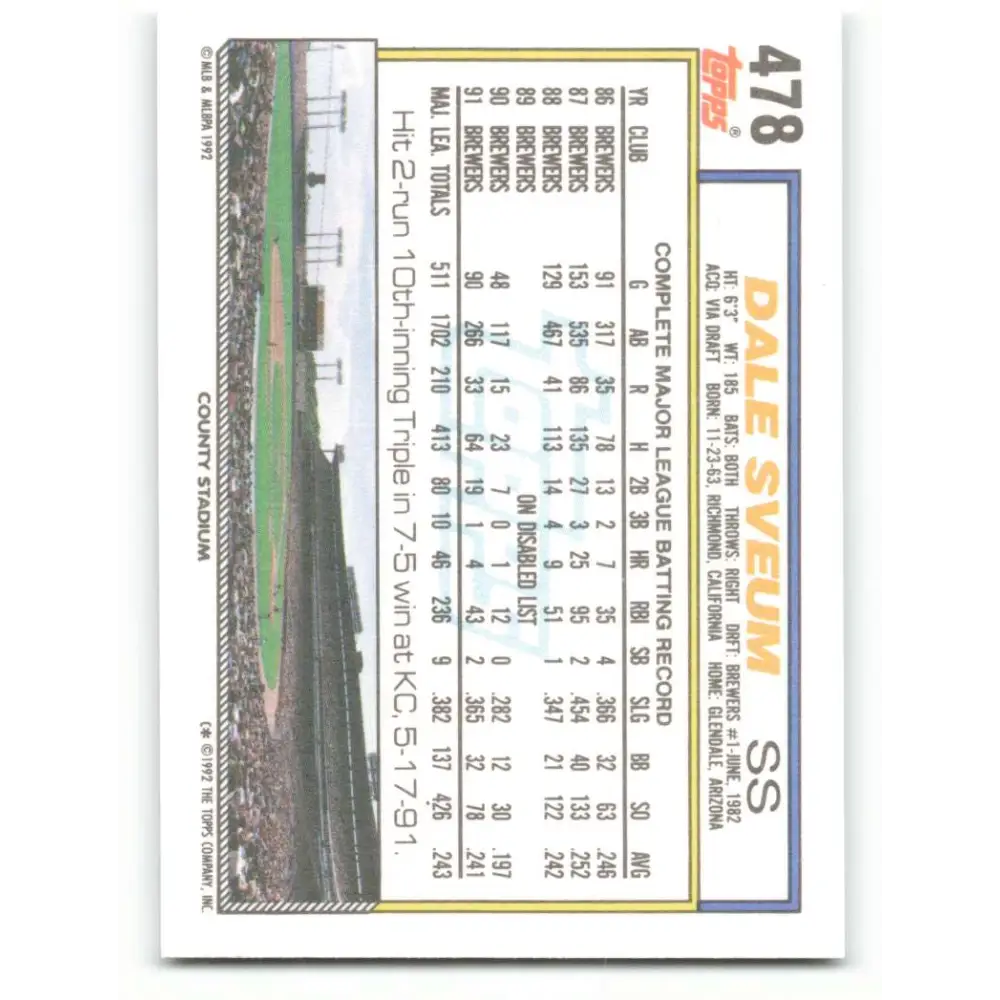 1992 Topps #478 Dale Sveum NM-MT Milwaukee Brewers Baseball Card Image 2