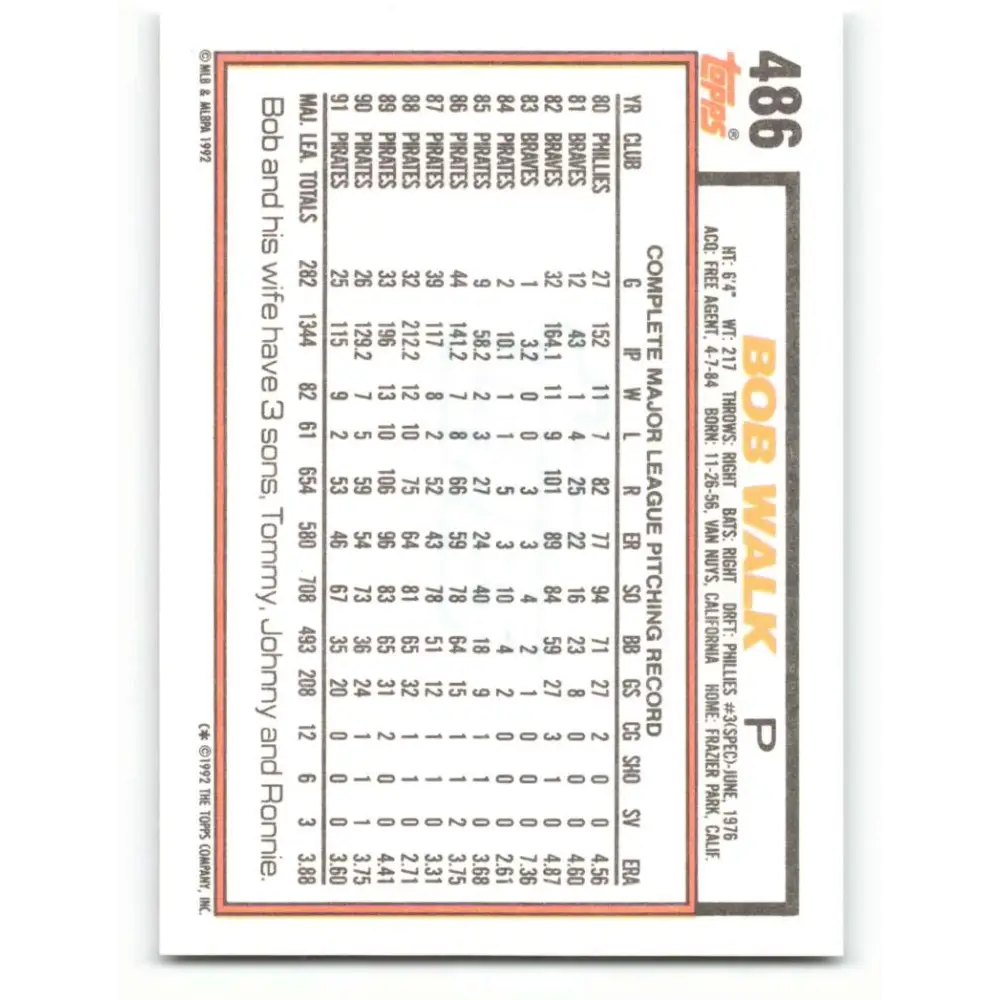 1992 Topps #486 Bob Walk NM-MT Pittsburgh Pirates Baseball Card Image 2