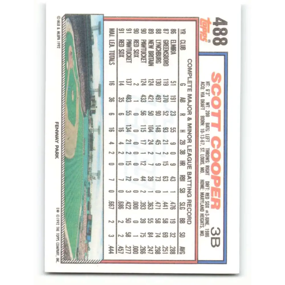 1992 Topps #488 Scott Cooper NM-MT Boston Red Sox Baseball Card Image 2
