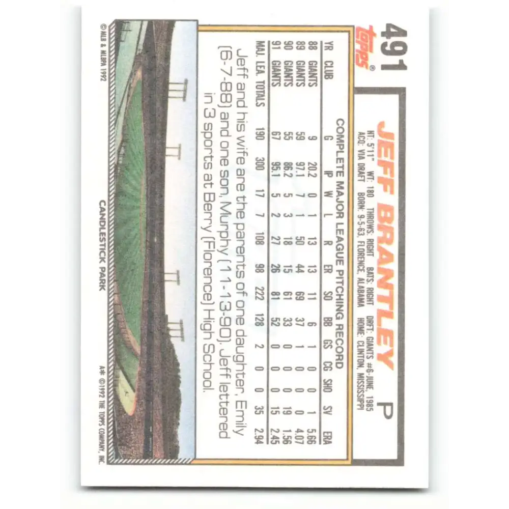 1992 Topps #491 Jeff Brantley NM-MT San Francisco Giants Baseball Card Image 2