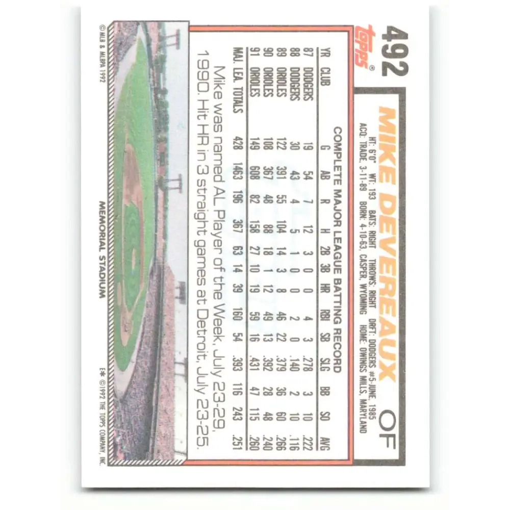 1992 Topps #492 Mike Devereaux NM-MT Baltimore Orioles Baseball Card Image 2