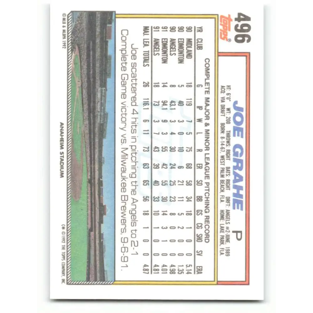 1992 Topps #496 Joe Grahe NM-MT California Angels Baseball Card Image 2