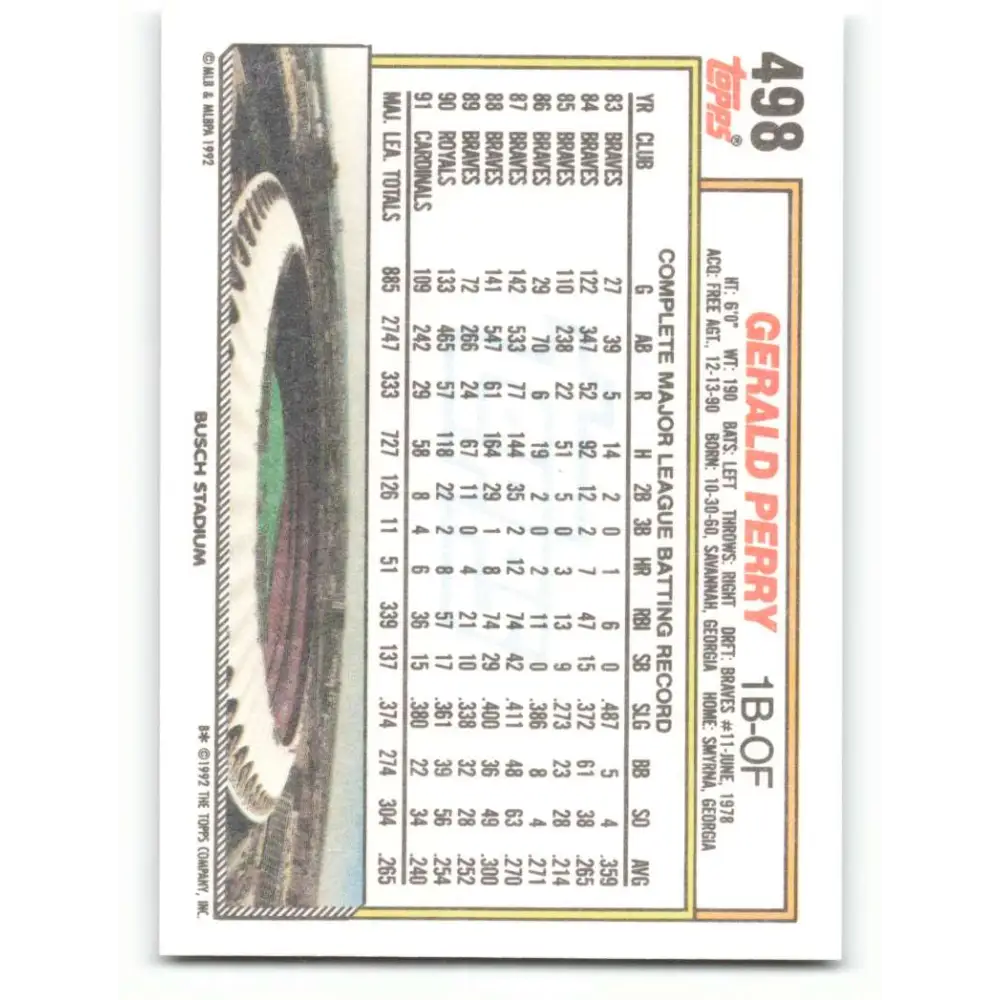 1992 Topps #498 Gerald Perry NM-MT St. Louis Cardinals Baseball Card Image 2