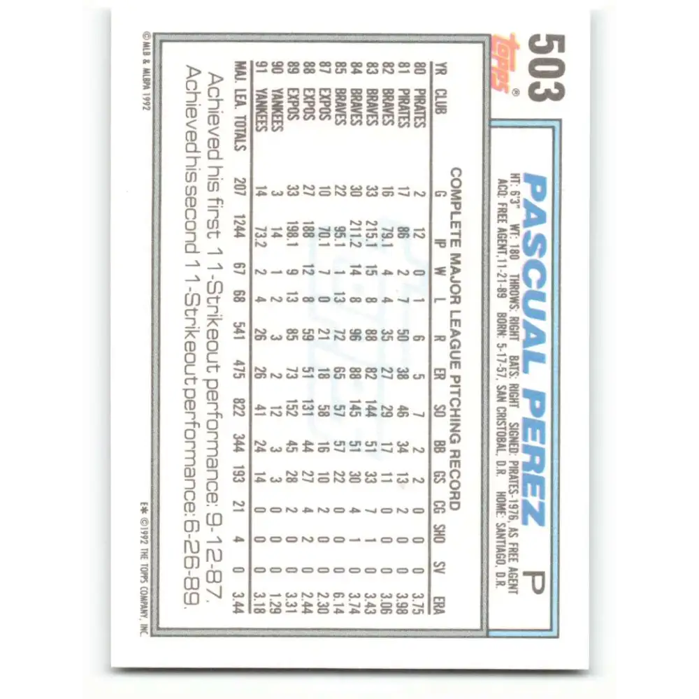 1992 Topps #503 Pascual Perez NM-MT New York Yankees Baseball Card Image 2