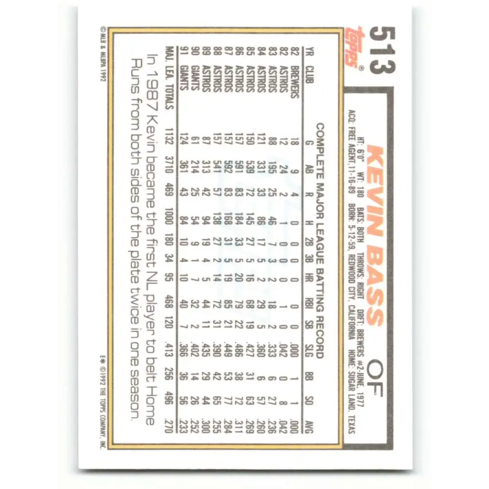 1992 Topps #513 Kevin Bass NM-MT San Francisco Giants Baseball Card Image 2