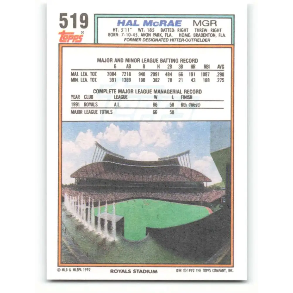 1992 Topps #519 Hal McRae NM-MT Kansas City Royals Baseball Card Image 2