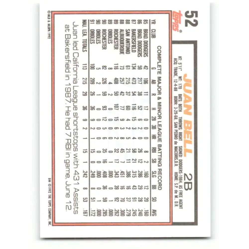 1992 Topps #52 Juan Bell NM-MT Baltimore Orioles Baseball Card Image 2