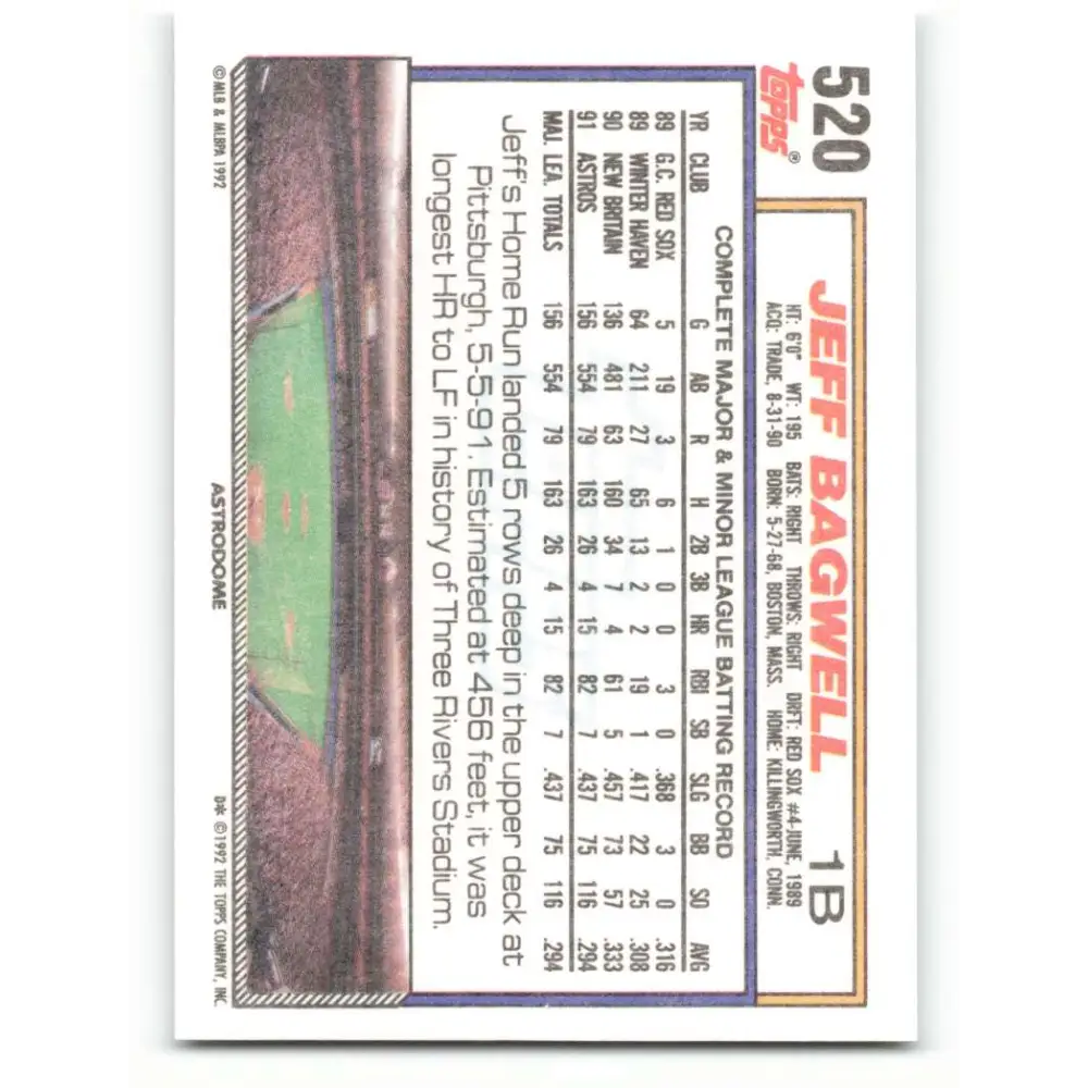 1992 Topps #520 Jeff Bagwell NM-MT Houston Astros Baseball Card Image 2