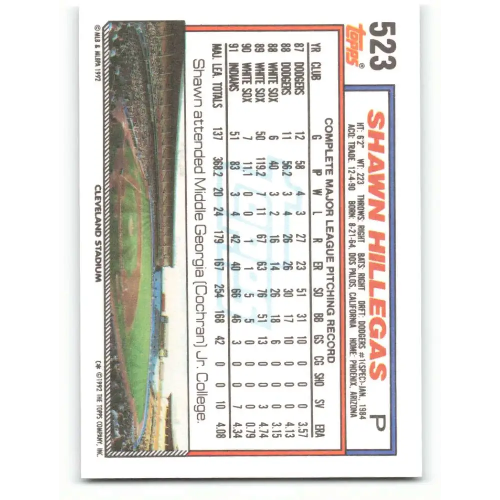 1992 Topps #523 Shawn Hillegas NM-MT Cleveland Indians Baseball Card Image 2