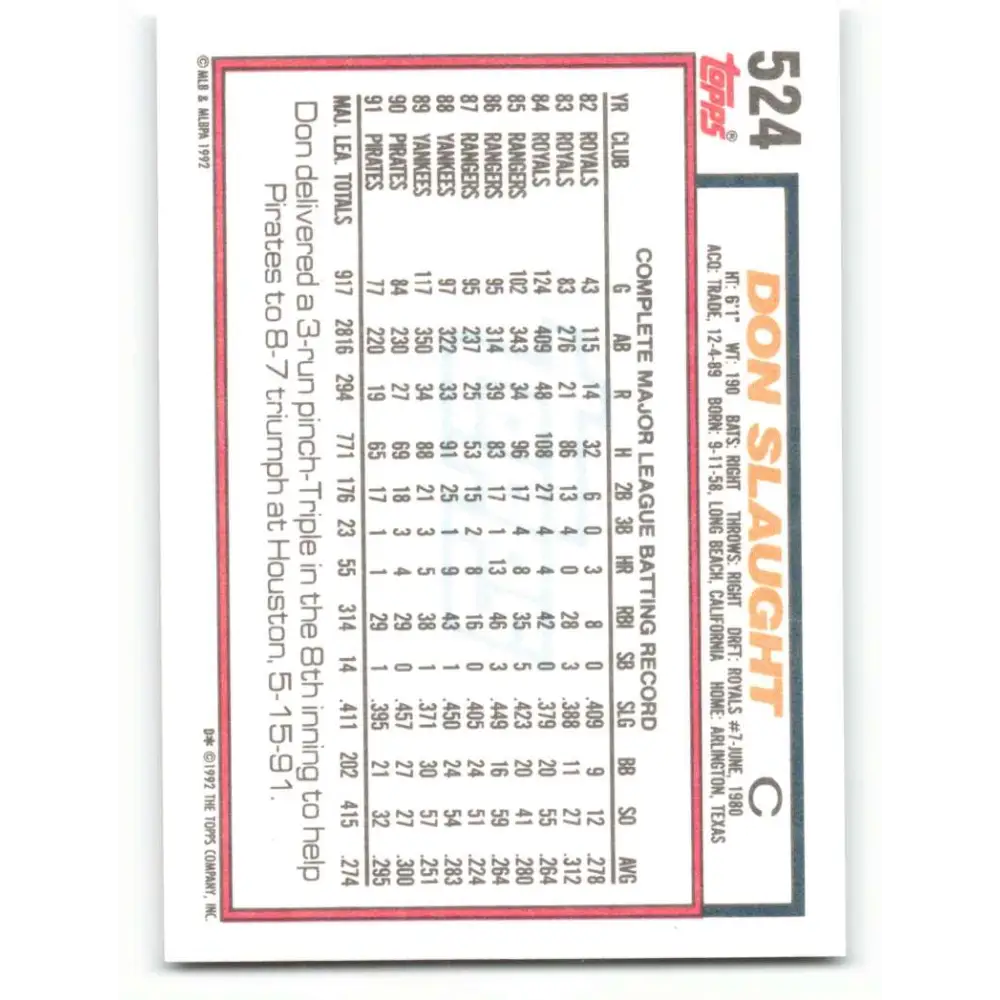 1992 Topps #524 Don Slaught NM-MT Pittsburgh Pirates Baseball Card Image 2