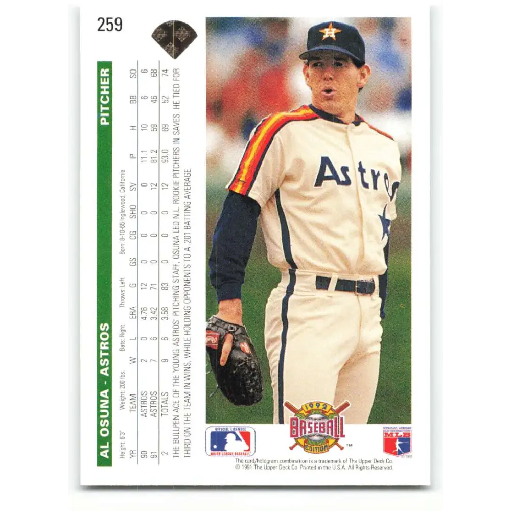 1992 Upper Deck #259 Al Osuna NM-MT Houston Astros Baseball Card Image 2