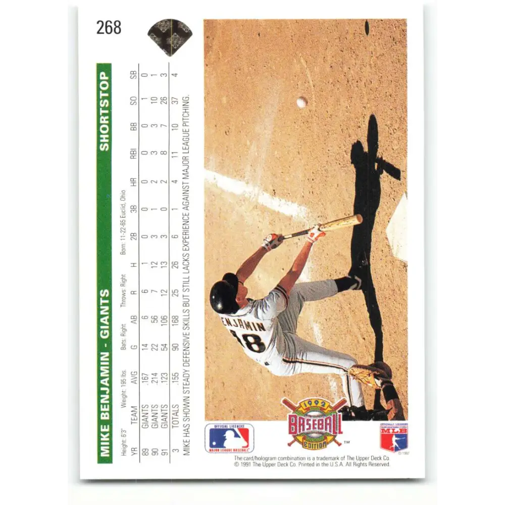 1992 Upper Deck #268 Mike Benjamin NM-MT San Francisco Giants Baseball Card Image 2