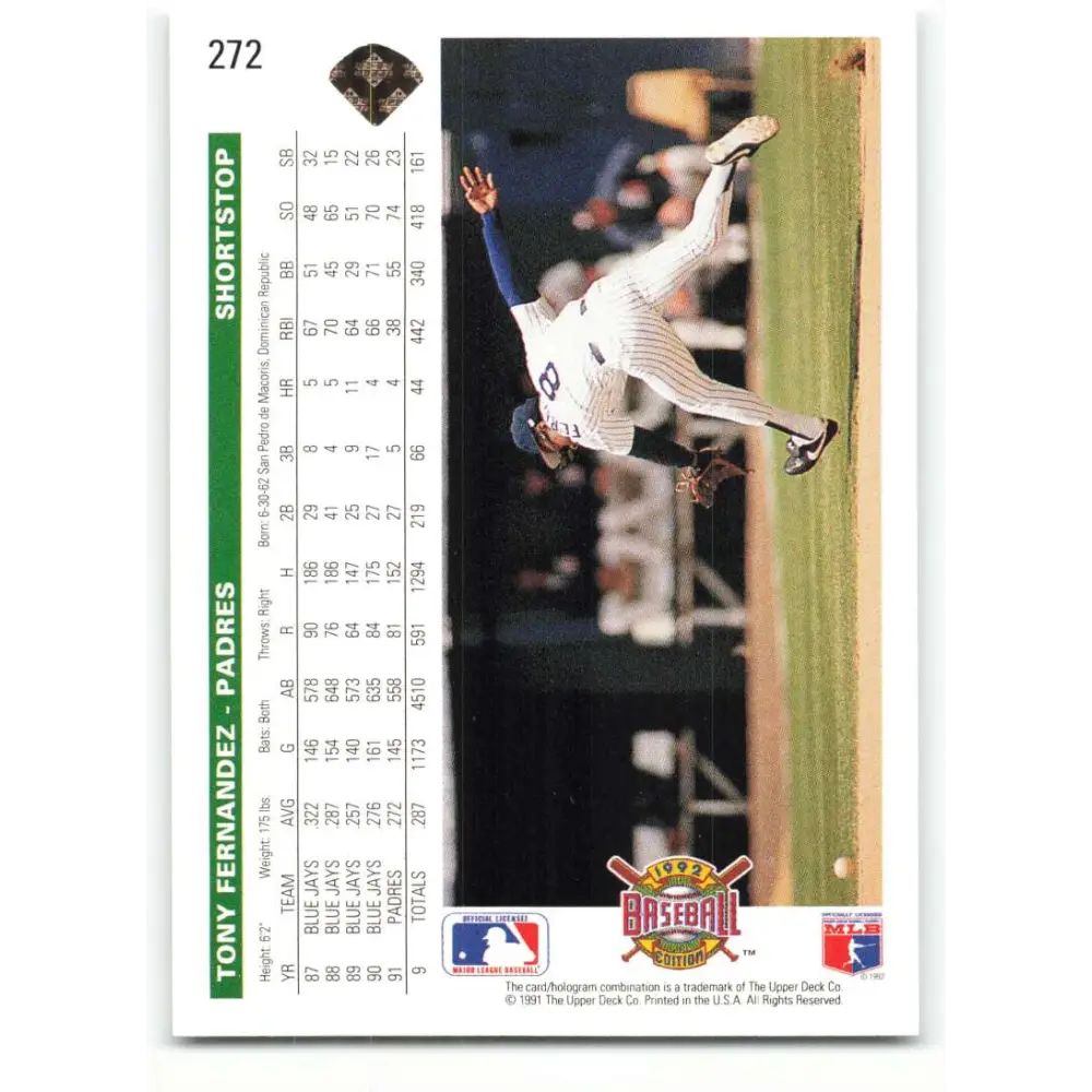 1992 Upper Deck #272 Tony Fernandez NM-MT San Diego Padres Baseball Card Image 2