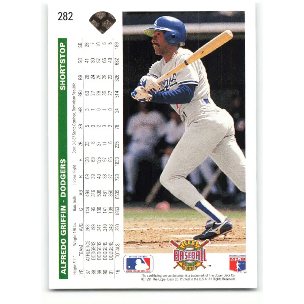 1992 Upper Deck #282 Alfredo Griffin NM-MT Los Angeles Dodgers Baseball Card Image 2